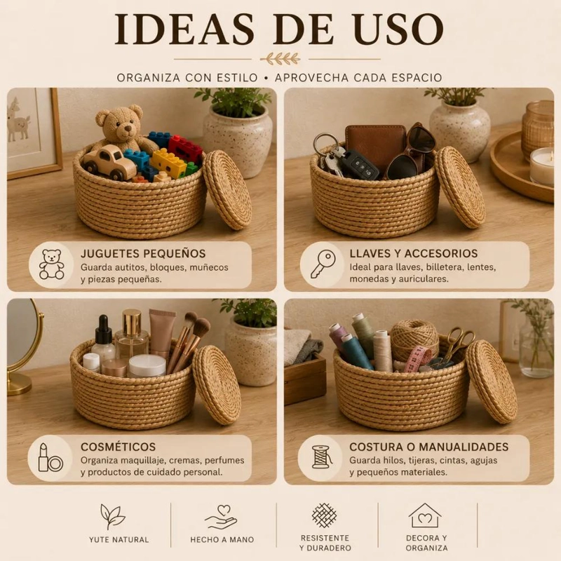 CANASTO DE YUTE TEJIDO CON TAPA PARA ORGANIZACION DEL HOGAR - 7