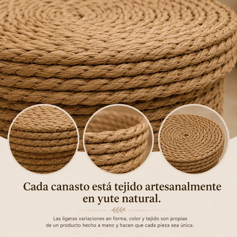CANASTO DE YUTE TEJIDO CON TAPA PARA ORGANIZACION DEL HOGAR - 8