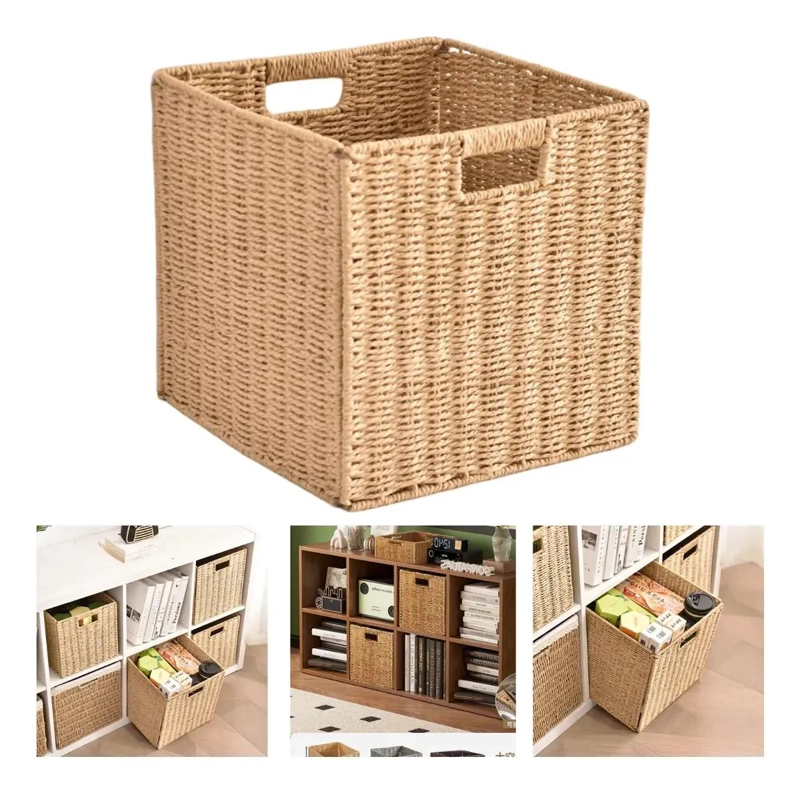 CANASTO ORGANIZADOR DECORATIVO PLEGABLE EN MIMBRE CAFE  Y BEIGE - 1