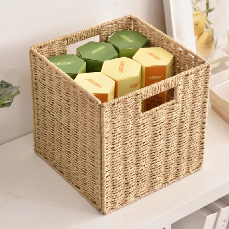 CANASTO ORGANIZADOR DECORATIVO PLEGABLE EN MIMBRE CAFE  Y BEIGE - 3