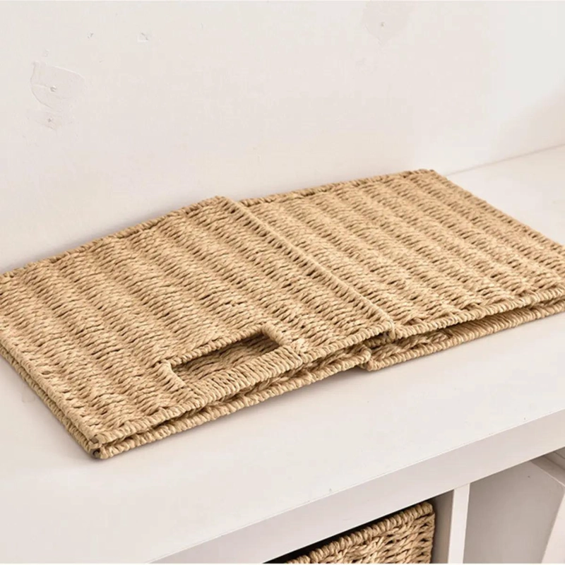 CANASTO ORGANIZADOR DECORATIVO PLEGABLE EN MIMBRE CAFE  Y BEIGE - 4