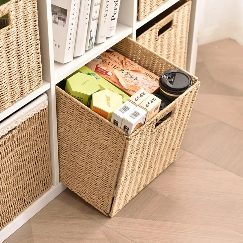 CANASTO ORGANIZADOR DECORATIVO PLEGABLE EN MIMBRE CAFE  Y BEIGE - 5