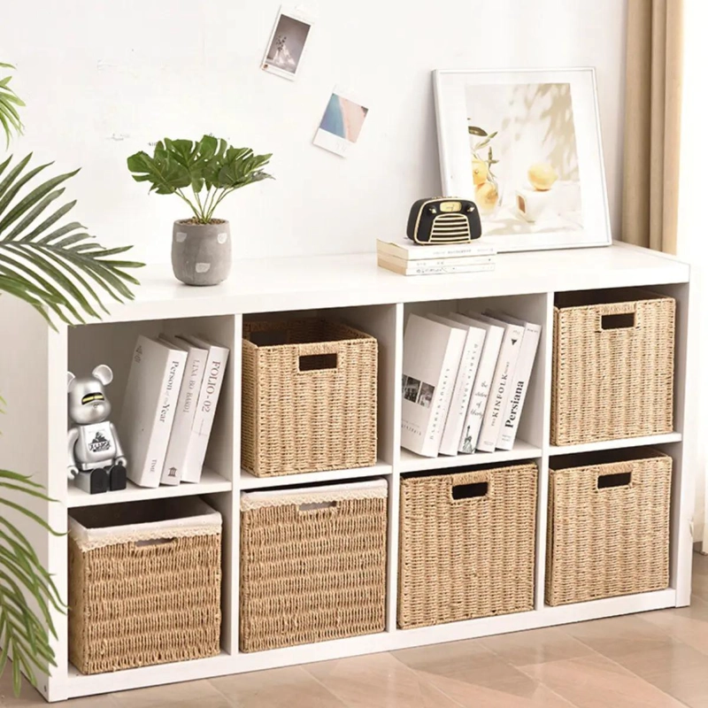 CANASTO ORGANIZADOR DECORATIVO PLEGABLE EN MIMBRE CAFE  Y BEIGE - 6