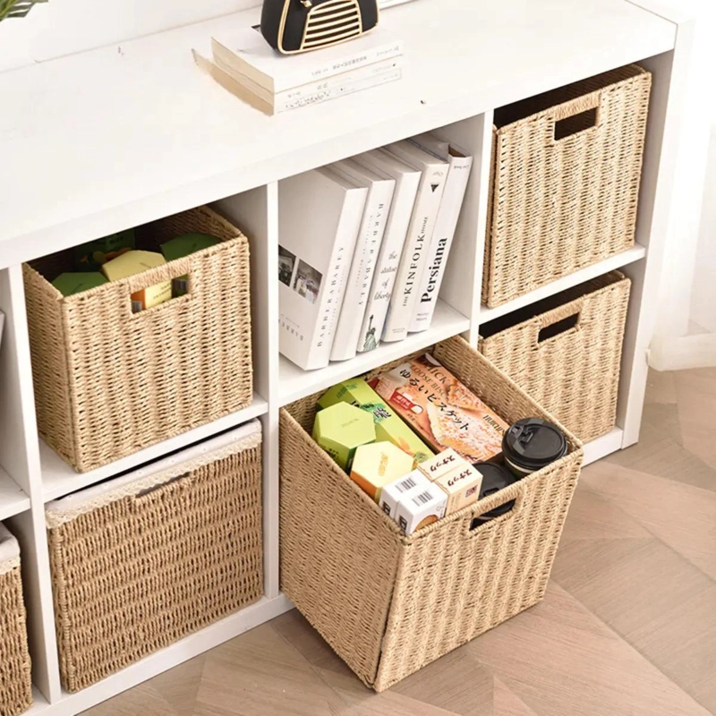 CANASTO ORGANIZADOR DECORATIVO PLEGABLE EN MIMBRE CAFE  Y BEIGE - 7