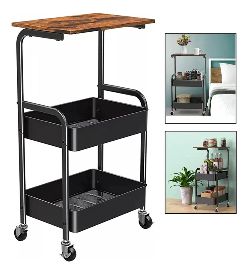 CARRITO ORGANIZADOR METALICO DE 2 NIVELES CON MESA DE MADERA - 1