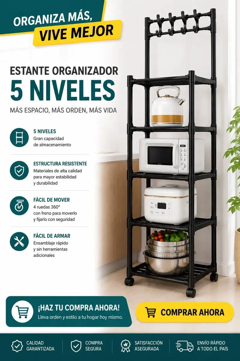 ESTANTE ORGANIZADOR MULTINIVEL DE 5 NIVELES CON GANCHOS - 4