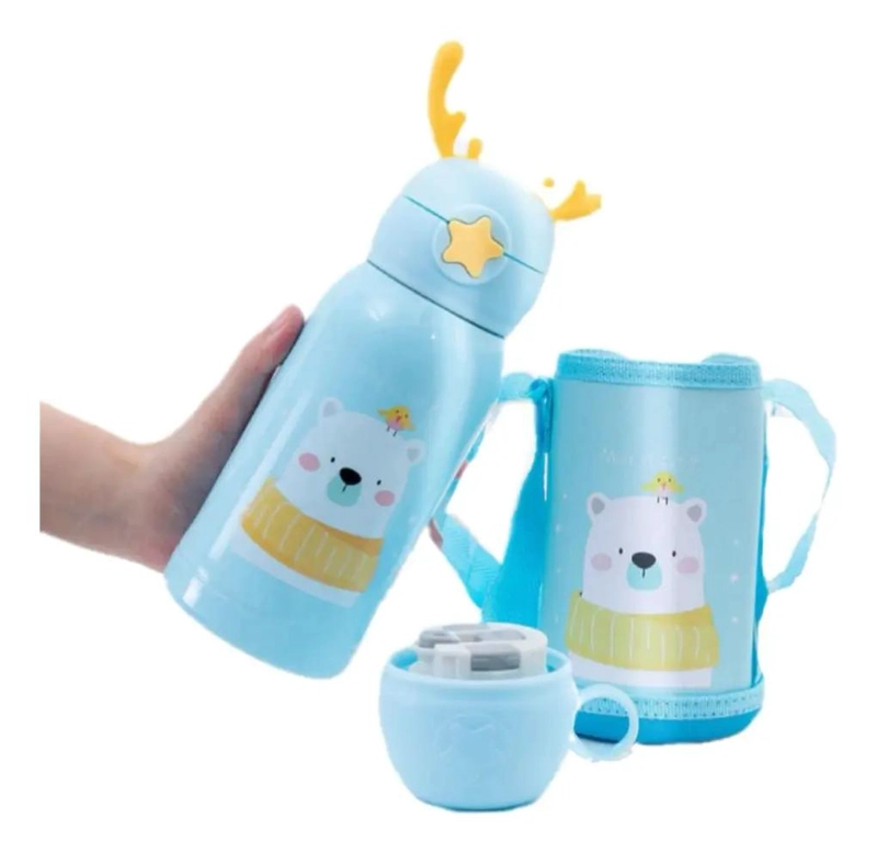 TERMO INFANTIL KAWAII 500ML CON CORREA Y FUNDA PROTECTORA - 1