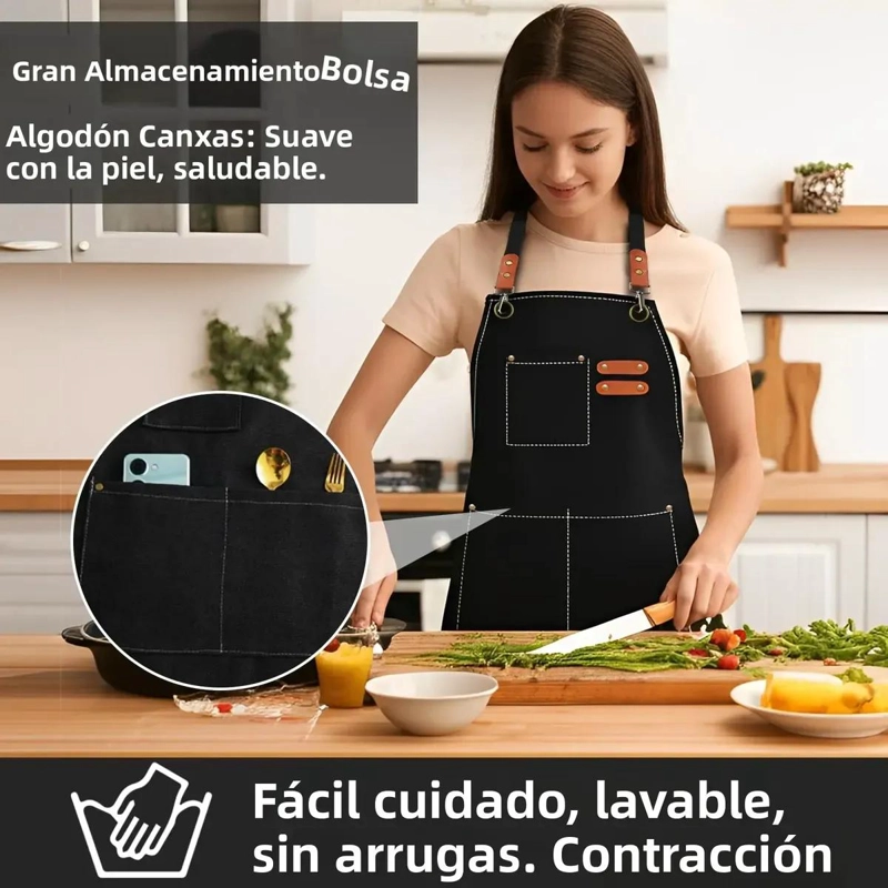 DELANTAL DE COCINA AJUSTABLE CON BOLSILLOS PARA PARRILLA - 4