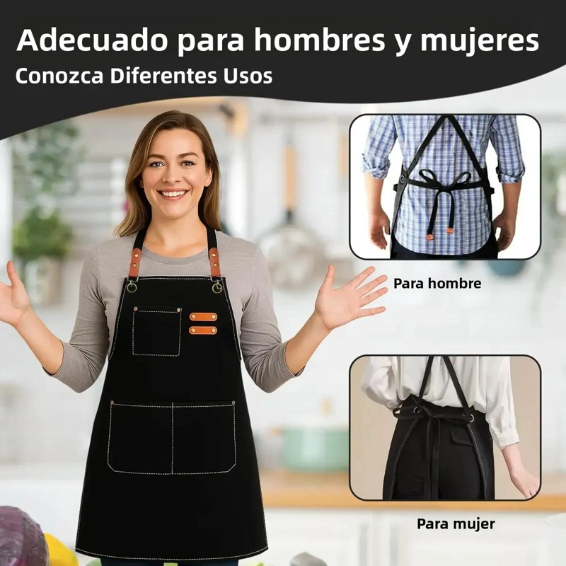DELANTAL DE COCINA AJUSTABLE CON BOLSILLOS PARA PARRILLA - 6