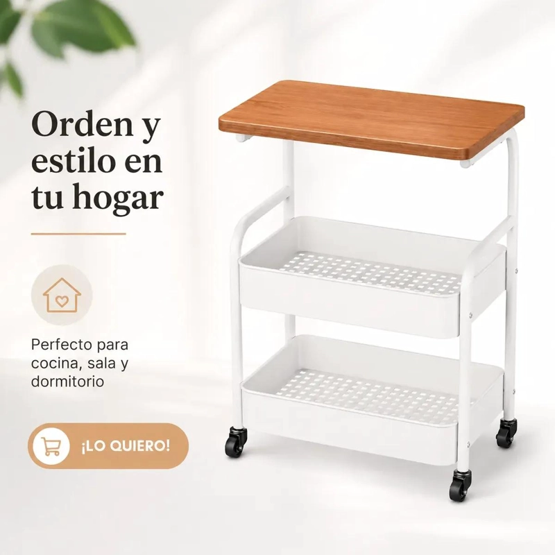 CARRITO ORGANIZADOR METALICO DE 2 NIVELES CON MESA DE MADERA - 2