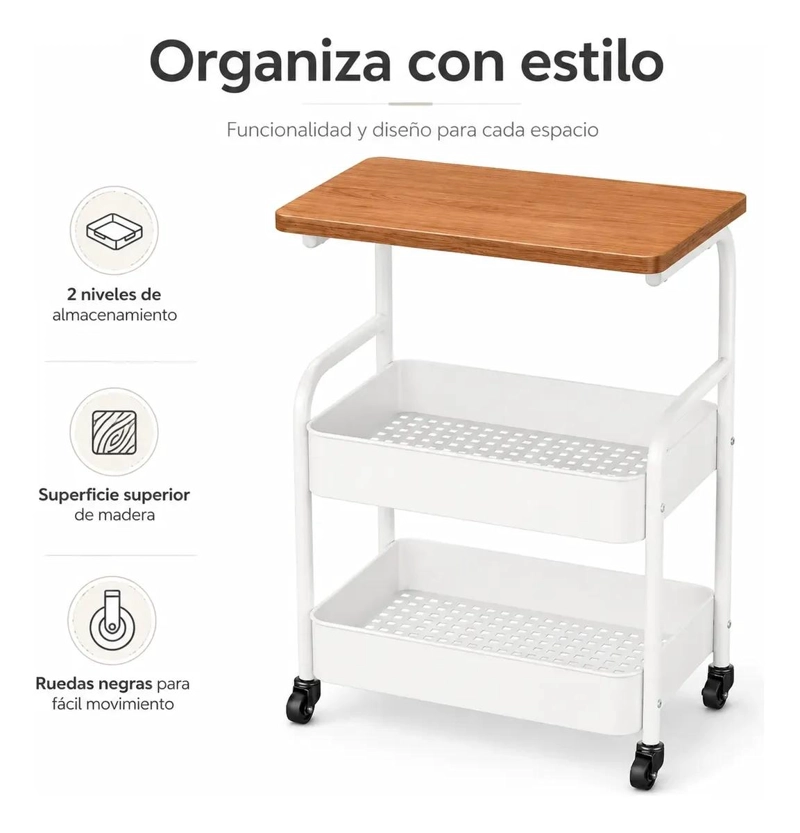 CARRITO ORGANIZADOR METALICO DE 2 NIVELES CON MESA DE MADERA - 3