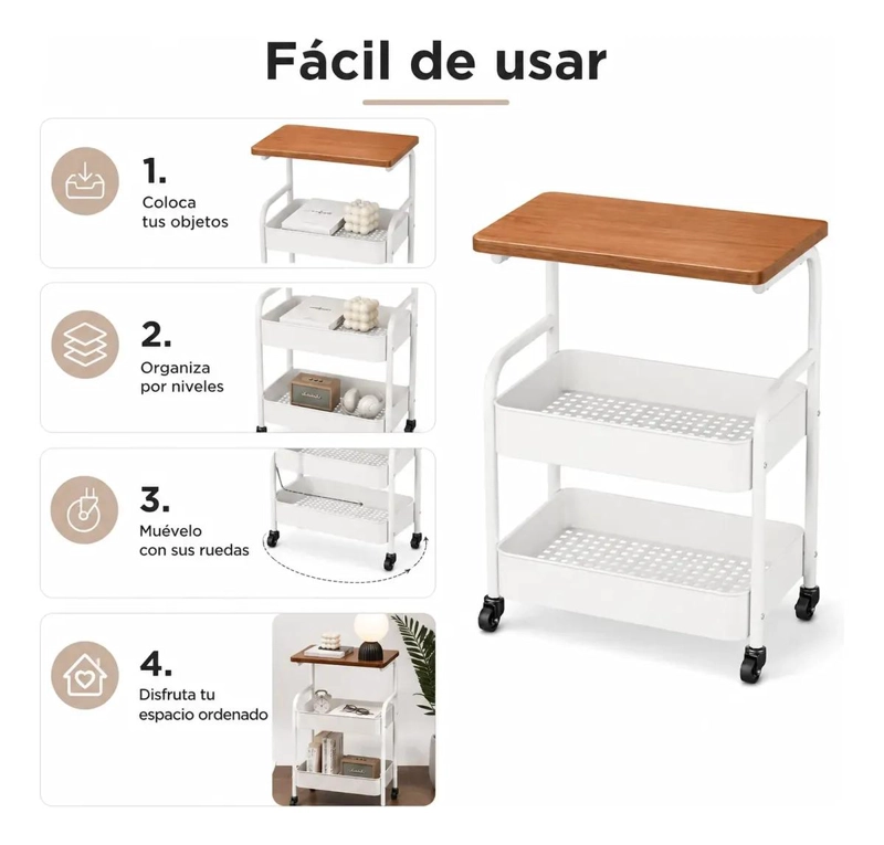 CARRITO ORGANIZADOR METALICO DE 2 NIVELES CON MESA DE MADERA - 4