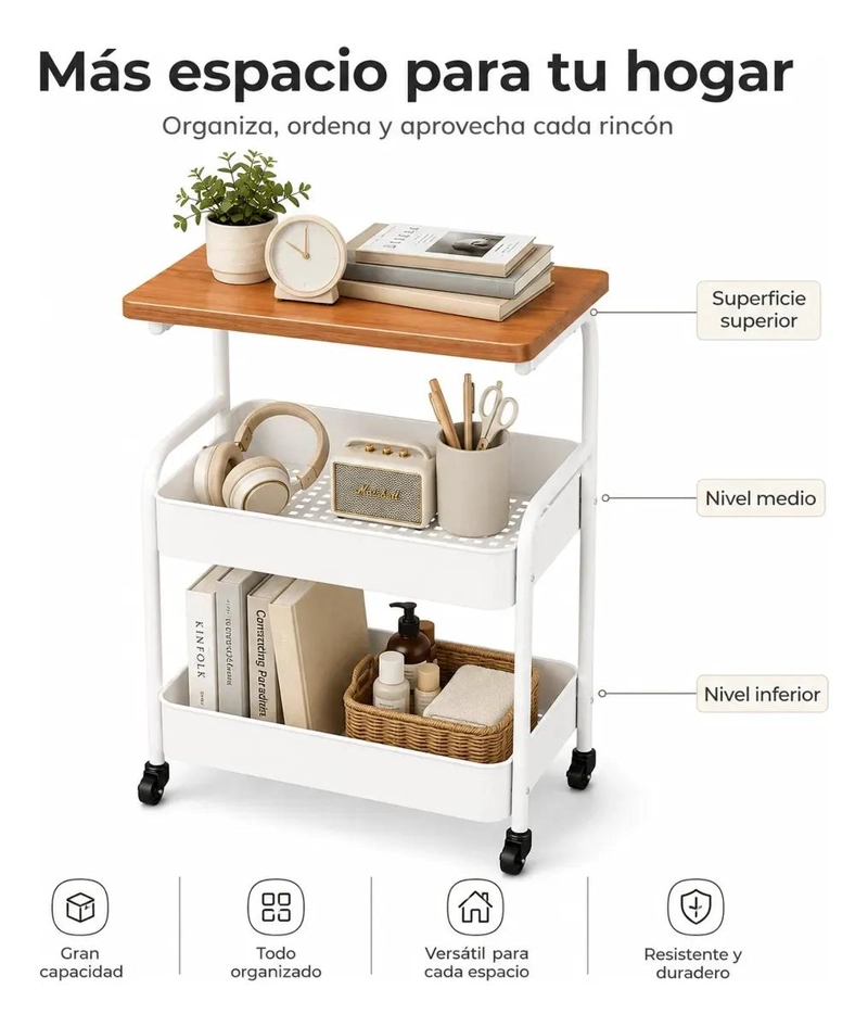 CARRITO ORGANIZADOR METALICO DE 2 NIVELES CON MESA DE MADERA - 5