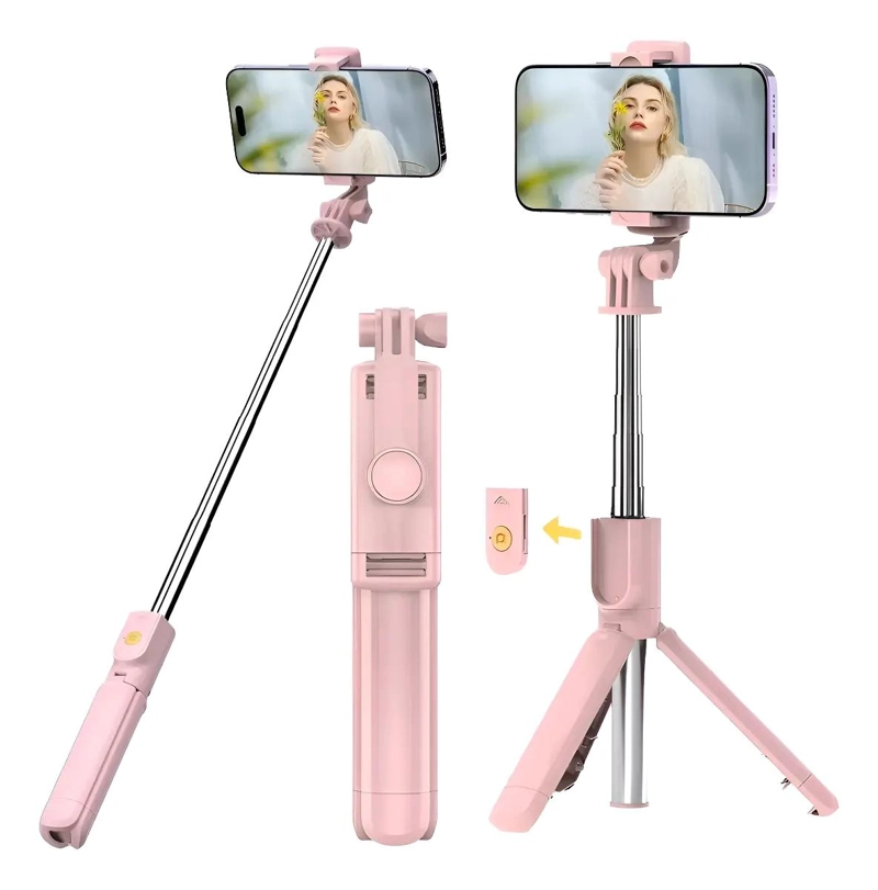 PALO SELFIE Y TRIPODE INALAMBRICO BLUETOOTH ROSA Y NEGRO - 1