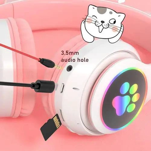 AURICULARES INALAMBRICOS BLUETOOTH CON DISEÑO DE OREJAS DE GATO ROSA - 4