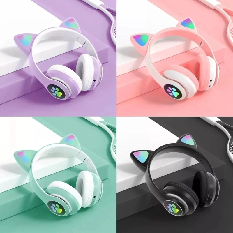 AURICULARES INALAMBRICOS BLUETOOTH CON DISEÑO DE OREJAS DE GATO ROSA - 6