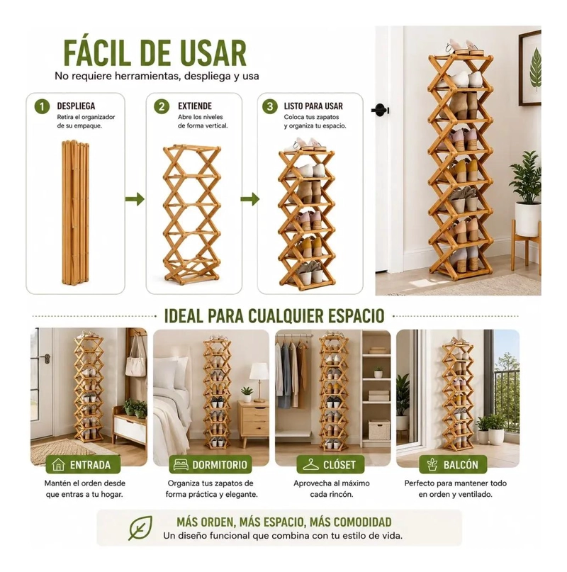 ZAPATERO ORGANIZADOR DE BAMBU VERTICAL DE 8 NIVELES - 2