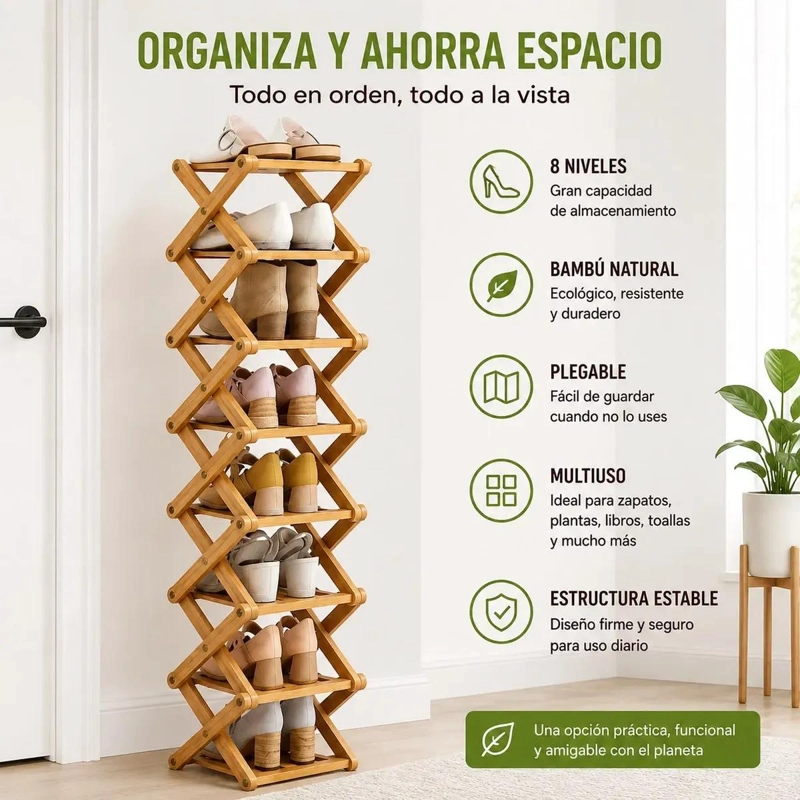 ZAPATERO ORGANIZADOR DE BAMBU VERTICAL DE 8 NIVELES - 3