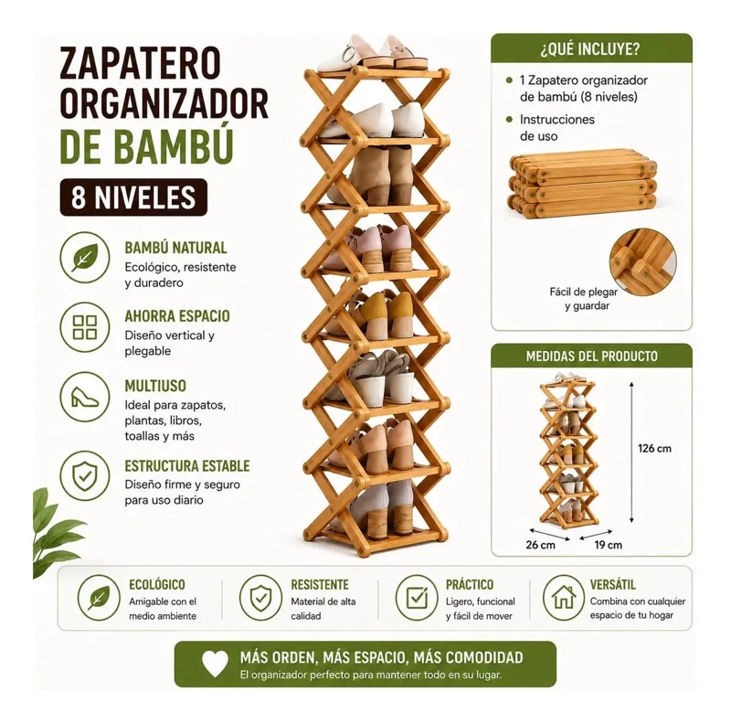 ZAPATERO ORGANIZADOR DE BAMBU VERTICAL DE 8 NIVELES - 4