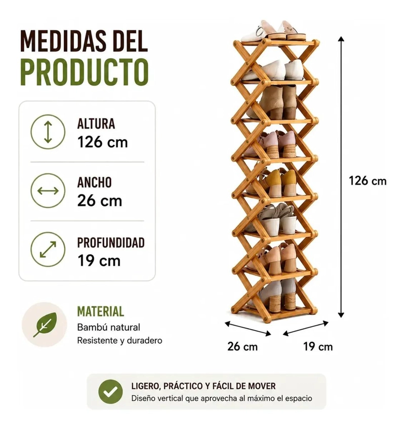 ZAPATERO ORGANIZADOR DE BAMBU VERTICAL DE 8 NIVELES - 5
