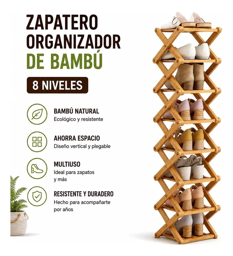 ZAPATERO ORGANIZADOR DE BAMBU VERTICAL DE 8 NIVELES - 7