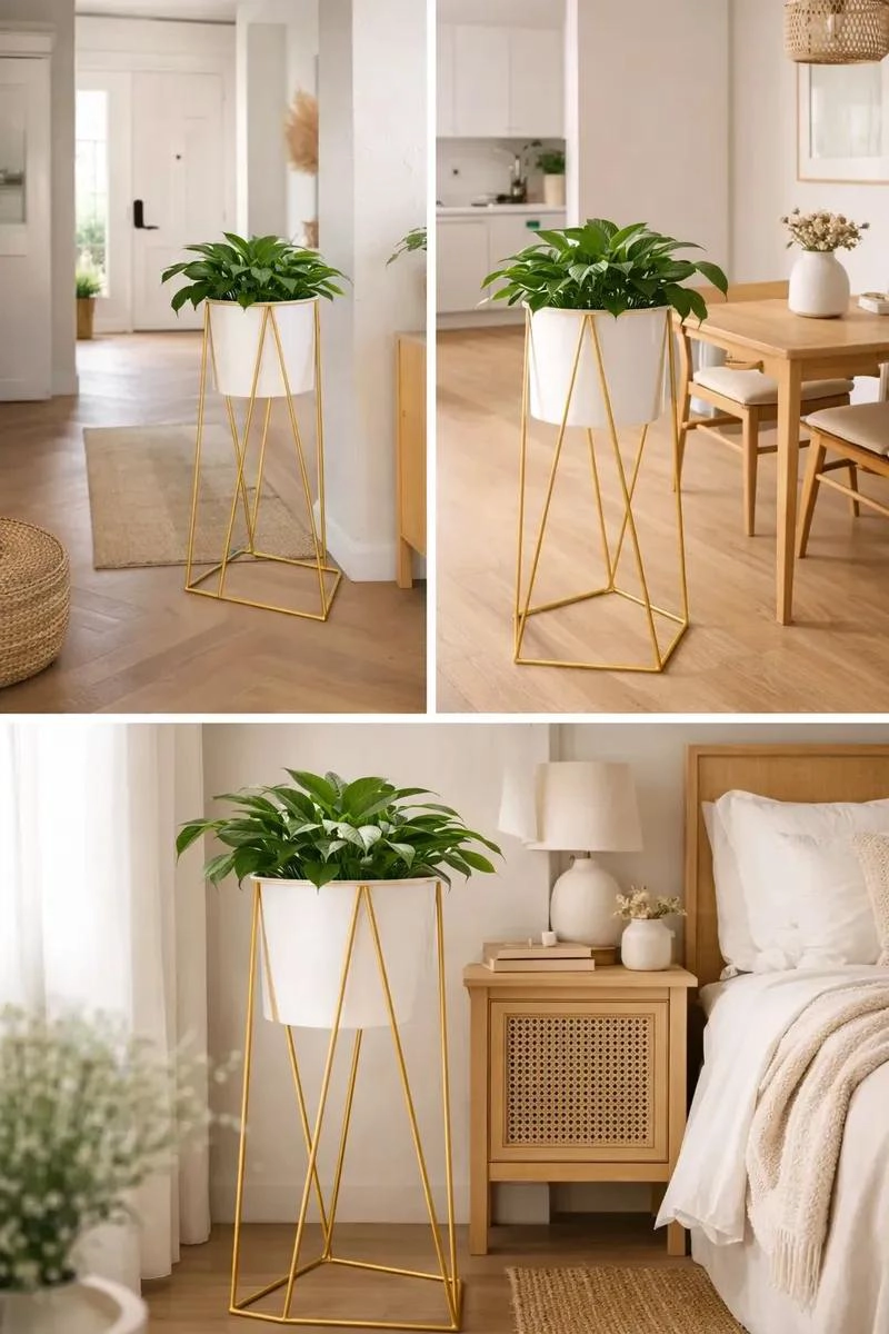 MACETERO ALTO BLANCO CON SOPORTE DORADO PARA DECORACION MODERNA - 2