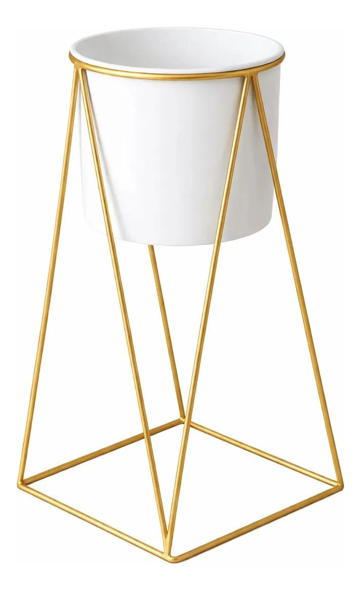 MACETERO ALTO BLANCO CON SOPORTE DORADO PARA DECORACION MODERNA - 3