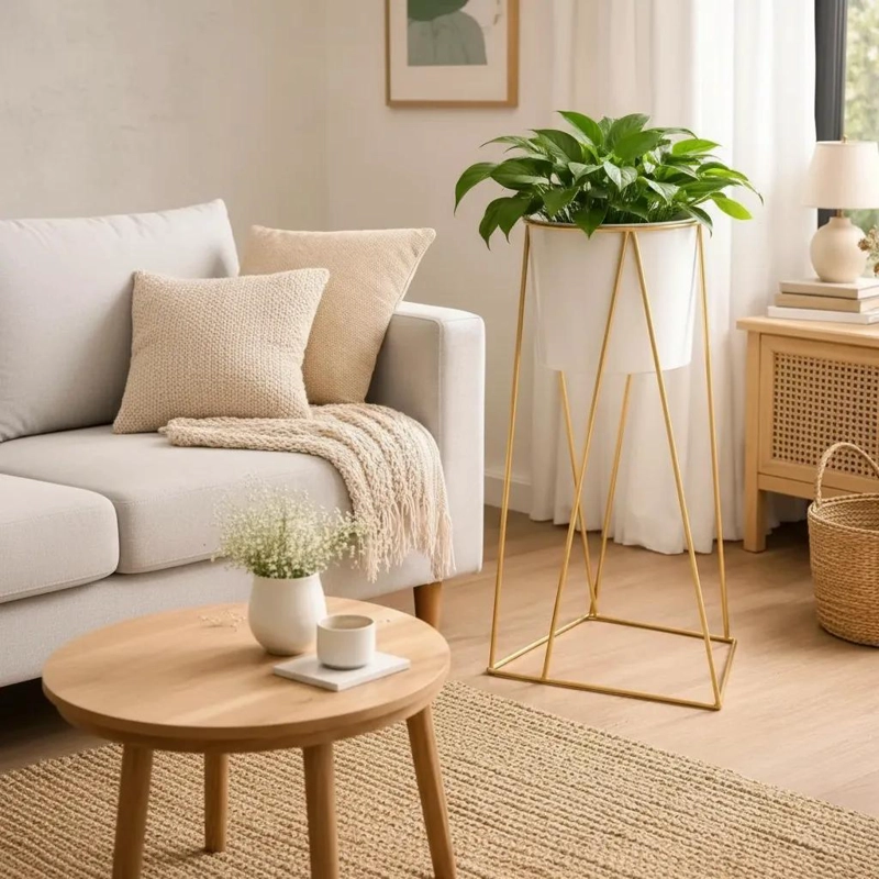 MACETERO ALTO BLANCO CON SOPORTE DORADO PARA DECORACION MODERNA - 6