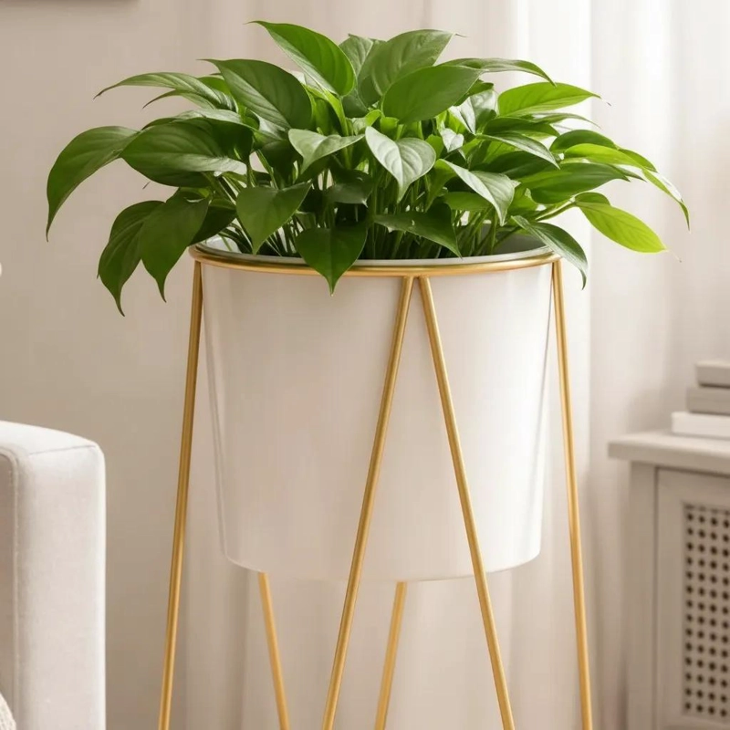MACETERO ALTO BLANCO CON SOPORTE DORADO PARA DECORACION MODERNA - 7