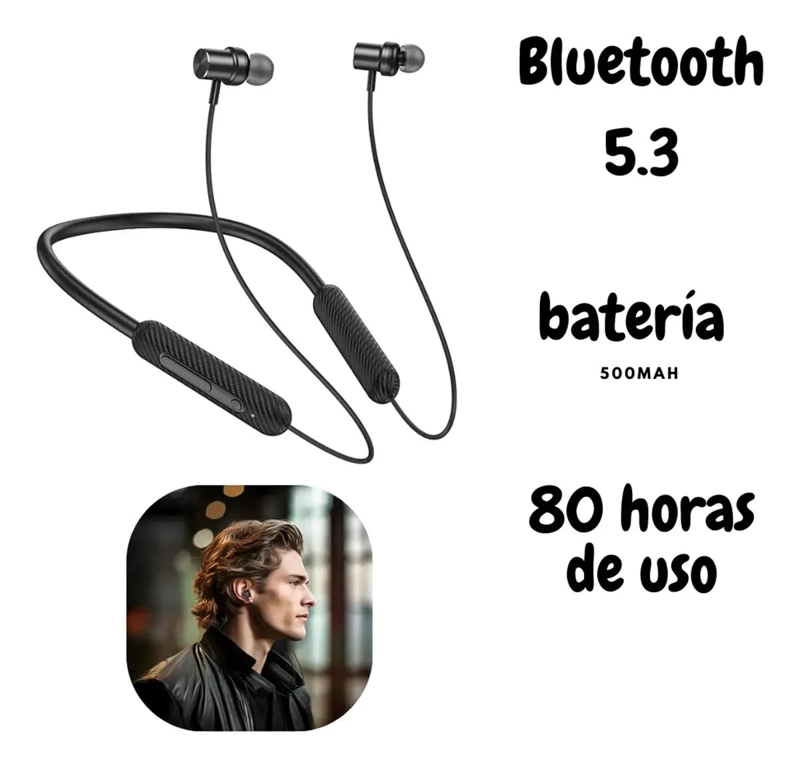 AUDIFONOS BLUETOOTH NECKBAND 80H CON LUZ LED COLOR NEGRO - 3