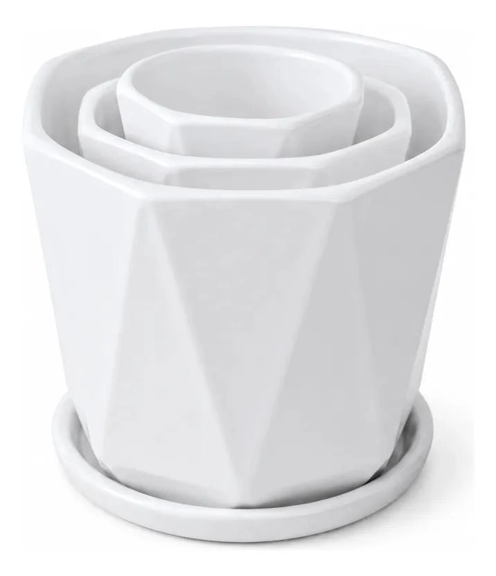 SET DE 3 MACETEROS DE CERAMICA BLANCOS CON PLATO GEOME TRICO - 2