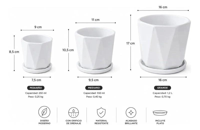 SET DE 3 MACETEROS DE CERAMICA BLANCOS CON PLATO GEOME TRICO - 3