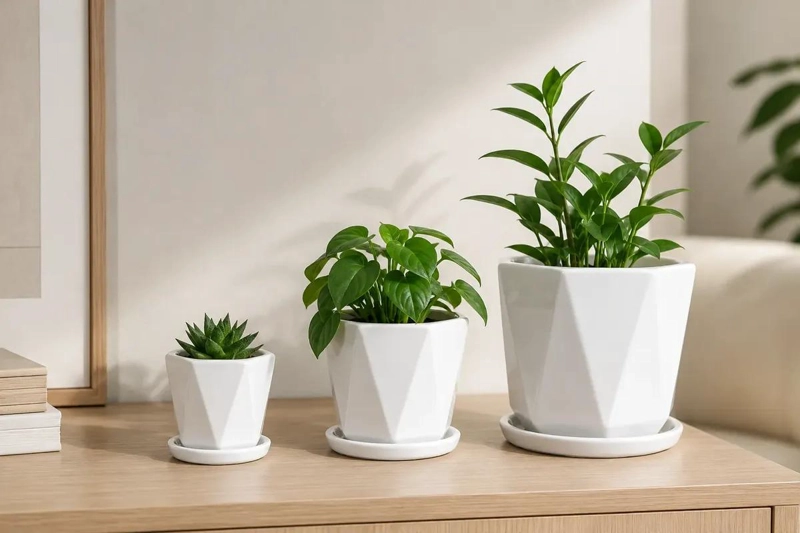 SET DE 3 MACETEROS DE CERAMICA BLANCOS CON PLATO GEOME TRICO - 5