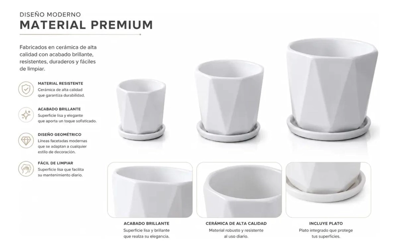 SET DE 3 MACETEROS DE CERAMICA BLANCOS CON PLATO GEOME TRICO - 6