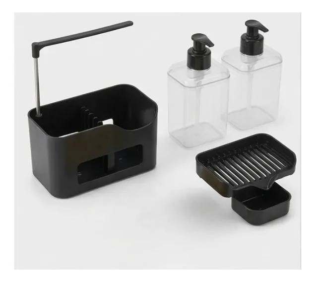 ORGANIZADOR DE BAÑO NEGRO CON DISPENSADOR Y PORTA TOALLAS - 2