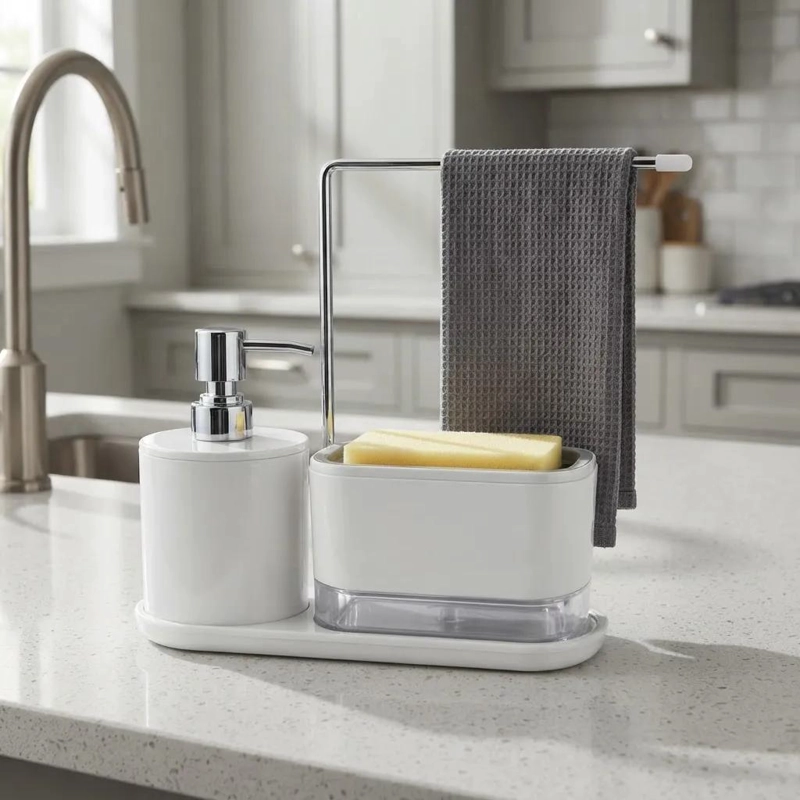 DISPENSADOR DE JABON Y PORTA ESPONJA PARA COCINA BLANCO - 2