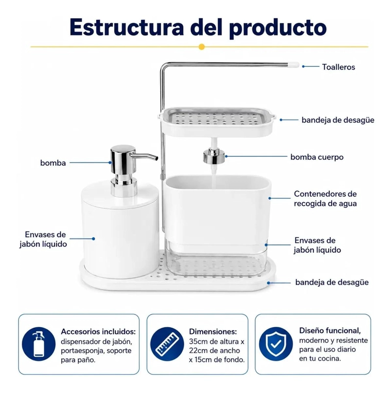 DISPENSADOR DE JABON Y PORTA ESPONJA PARA COCINA BLANCO - 6
