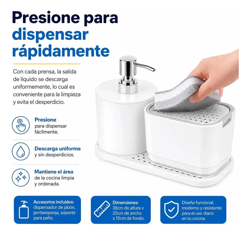DISPENSADOR DE JABON Y PORTA ESPONJA PARA COCINA BLANCO - 7