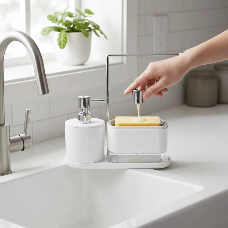 DISPENSADOR DE JABON Y PORTA ESPONJA PARA COCINA BLANCO - 9
