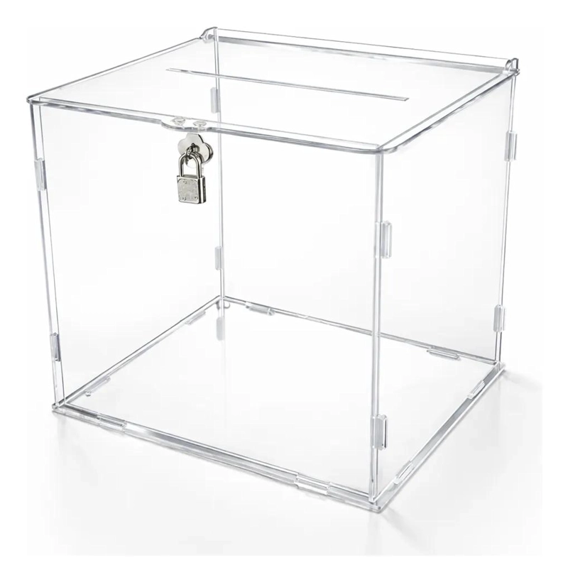 CAJA ACRILICA TRANSPARENTE ARMABLE PARA EVENTOS Y DONACIONES 25X25X25 CM - 1