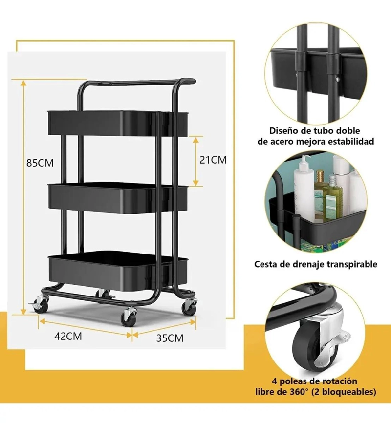 CARRITO ORGANIZADOR MULTIUSOS DE HIERRO CON 3 ESTANTES - 8