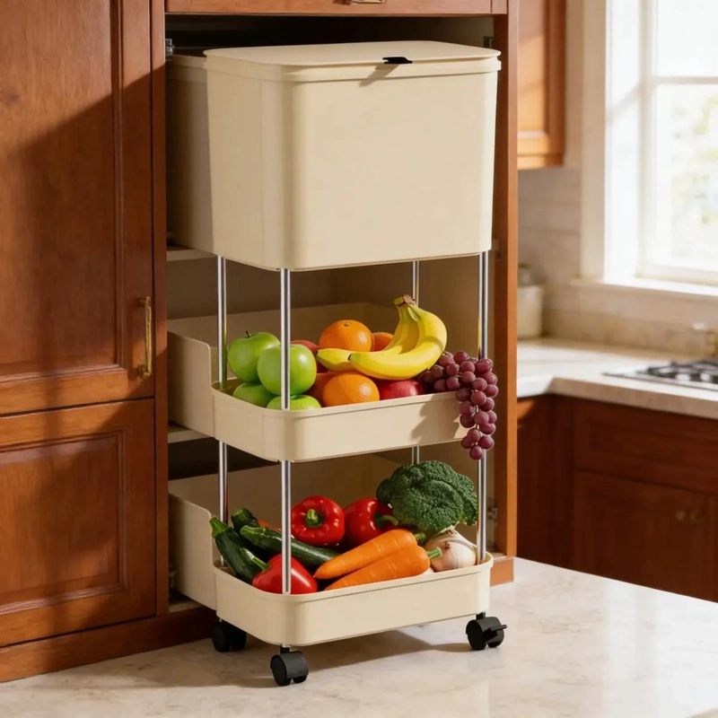 ESTANTE ORGANIZADOR VERTICAL CON TACHO PARA BASURA DE COCINA - 2