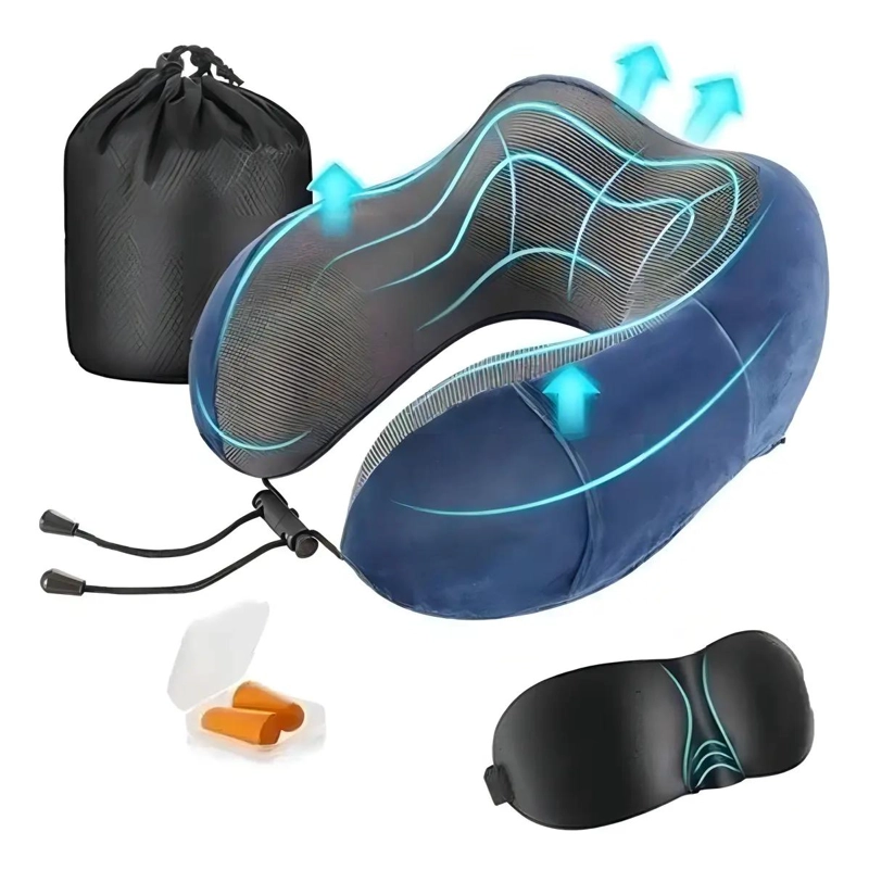 ALMOHADA DE VIAJE ESPUMA DE MEMORIA COLOR AZUL PARA DESCANSO - 1