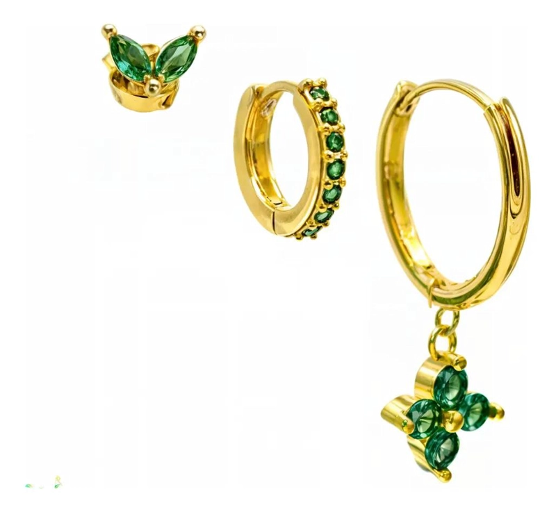PACK DE AROS ANTONIA ZIRCONIA VERDE CON CHAPADO EN ORO 18K - 1