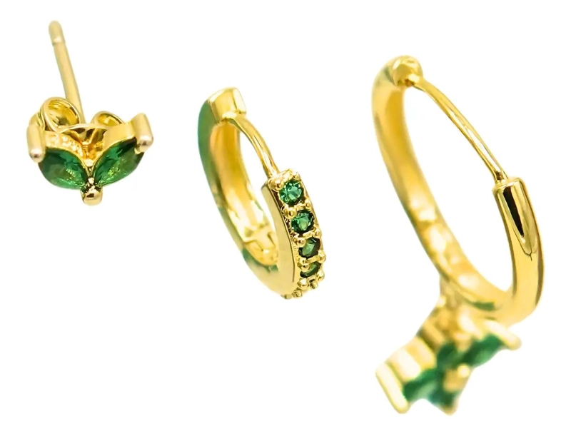 PACK DE AROS ANTONIA ZIRCONIA VERDE CON CHAPADO EN ORO 18K - 7
