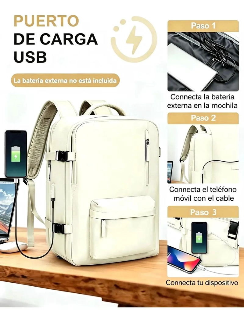 MOCHILA DE VIAJE IMPERMEABLE CON PUERTO DE CARGA Y COMPARTIMENTOS - 6