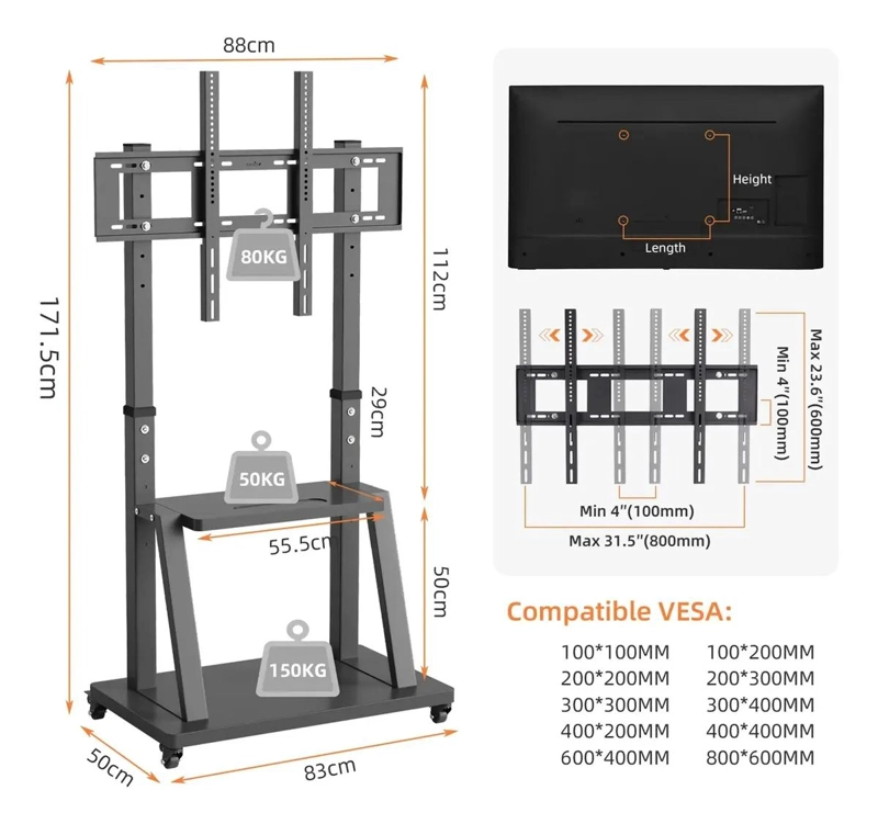 SOPORTE MOVIL CON RUEDAS PARA PANTALLAS DE 32 A 70 PULGADAS - 7