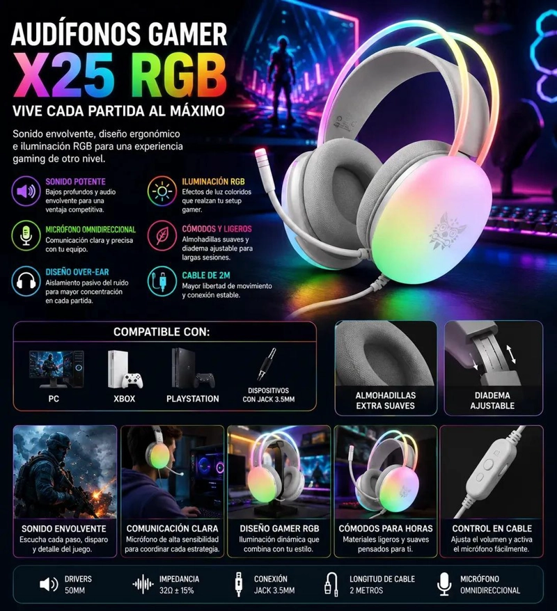 AUDIFONOS GAMER CON ILUMINACION RGB PARA PC Y CONSOLAS - 2