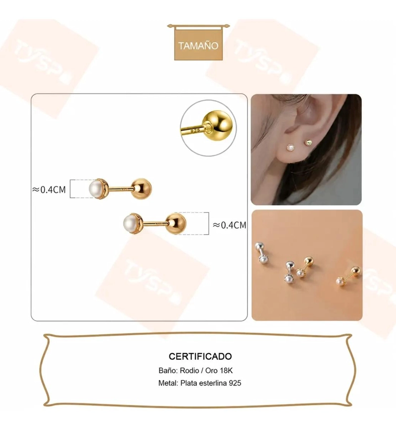 AROS ELEGANTES PARA BEBE  CON PERLA EN PLATA 925 BAÑADOS EN ORO - 2