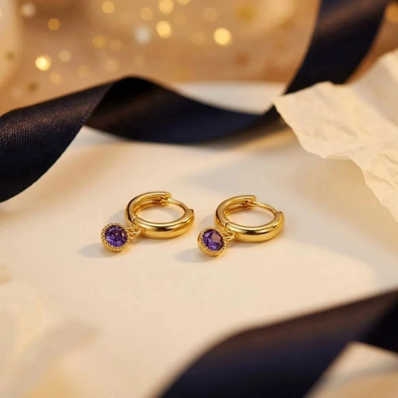 AROS DE ARGOLLA PARA MUJER BAÑADOS EN ORO CON AMATISTA - 3